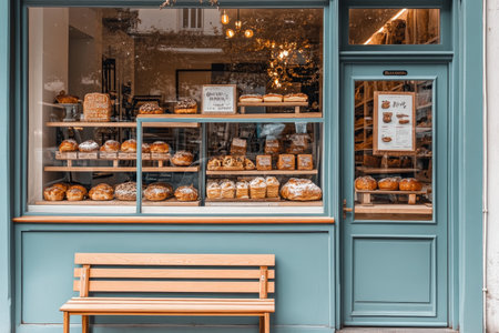 Charming bakery displaying pastries and cakes on a sunny day with a cozy atmosphereの写真素材