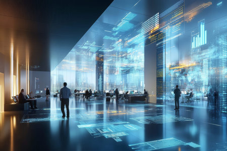 Digital twin of a modern open office with professionals and floating holographic data visuals.