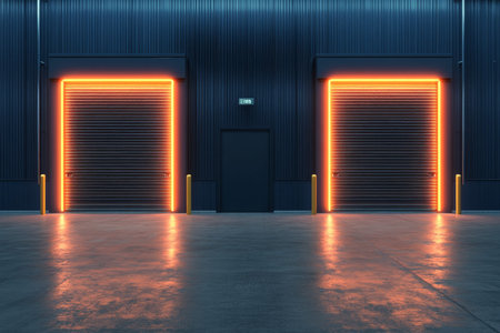 Minimalist 3d rendering of roller shutter doors with neon lights on a dark blue wall backdrop