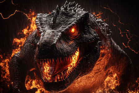 Dramatic close up of a fiery dinosaur with glowing eyes amidst a stormy, lightning filled nightの写真素材