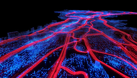 Futuristic 3d digital map displaying city traffic routes in red and blue on a dark backgroundの写真素材