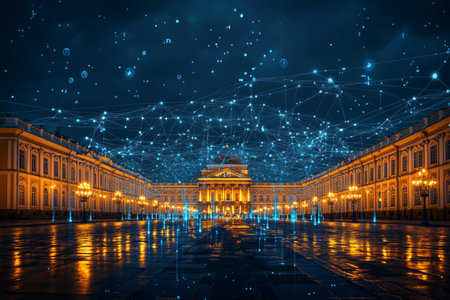 Stlouis square at night blending digital technology with the majestic peterhof palace in russiaの写真素材