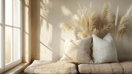 Elegant scandinavian interior design in beige with window, pampas grass, and cozy decorative pillowsの写真素材