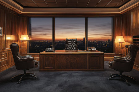 Elegant modern office design featuring panoramic city views, leather seating, and warm lighting