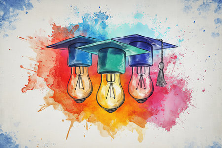 Abstract light bulbs with graduation caps on watercolor background representing education conceptの写真素材