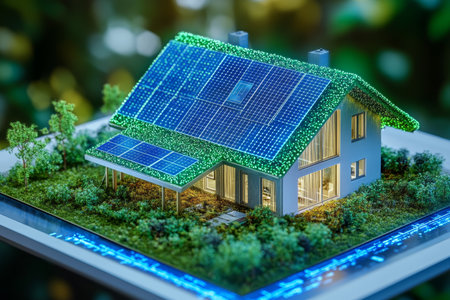 Futuristic smart home with solar panels and energy data displayed on a digital tablet interfaceの写真素材