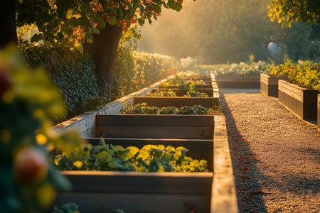 Stunning aerial view of vegetable garden with wooden raised beds in soft, warm natural lightの写真素材