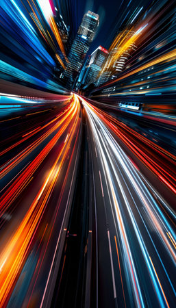 Dynamic city road at night with motion blur and vibrant colors of black, red, orange, and blue