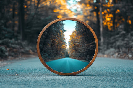 Surreal round wooden mirror reflecting blurred forest on asphalt road with rich colors and lightの写真素材