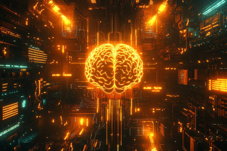 Overhead view of a glowing brain in a neon lit cyberpunk city with intricate circuit patterns.