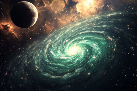 Stunning green spiral galaxy with a foreground planet and accretion disk of a black hole in spaceの写真素材