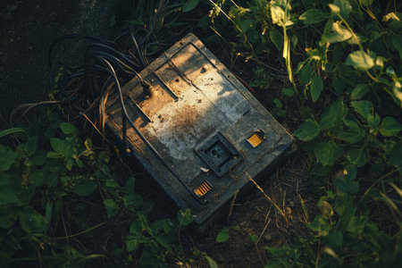 Close up high angle photograph of an electrical junction box with wires on grass and dirtの写真素材