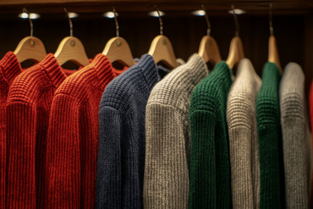 Vibrant sweater display in a store a close up of colorful woolen garments on wooden shelvesの写真素材