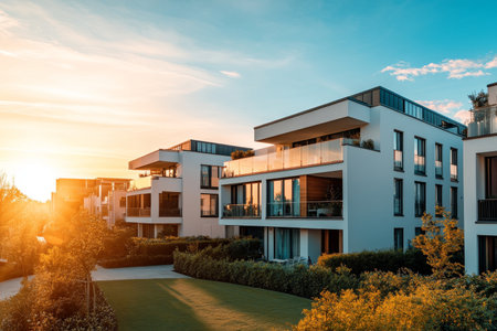 Aerial view of a modern luxury apartment building at sunset in germany with balconies and lawnの写真素材