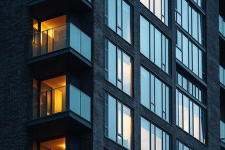 Evening glow a low angle view of a modern dark brick and glass apartment buildingの写真素材