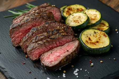 A delectable medium rare steak accompanied by zucchini at a fine dining restaurantの写真素材