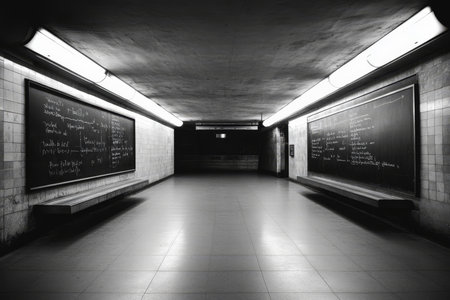 Black and white image of equations on a blackboard in a bright, empty subway stationの写真素材