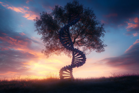 A dna double helix embraces an ancient tree under a dawn sky, symbolizing wisdom and new beginningsの写真素材