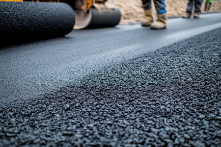 Construction workers applying asphalt with road roller on new highway, clear background for textの写真素材