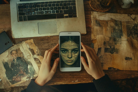 Hands engaged with a mobile phone and laptop on a wooden table illustrating digital technology usage