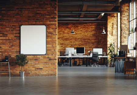 Contemporary office design featuring glass and brick walls with space for custom text or artworkの写真素材