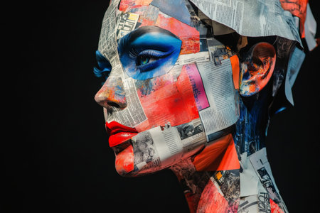 Vibrant female mannequin with collage art headpiece and colorful face against black backgroundの写真素材