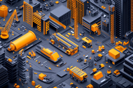Flat vector illustration of construction buildings and equipment with orange elements on grayの写真素材