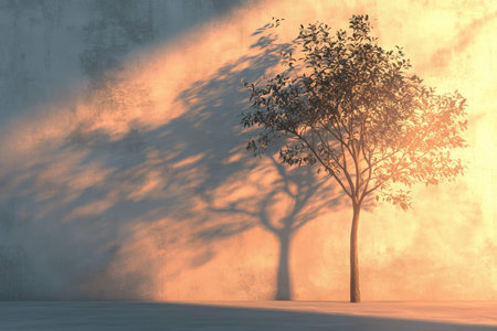 Abstract 3d render of a tree casting shadows on a wall with sunset glow and rays of lightの写真素材