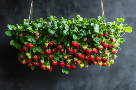 Vibrant hanging planter overflowing with lush green strawberry leaves and ripe red fruitsの写真素材