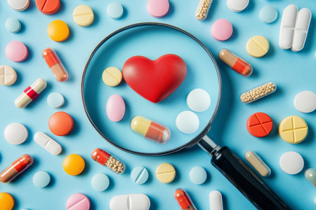 Magnifying glass highlighting red heart shaped pills among colorful medical supplies on blue