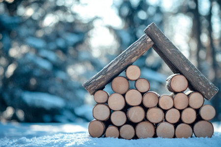 Wooden sticks shaped like a house on a winter background for home heating product advertising