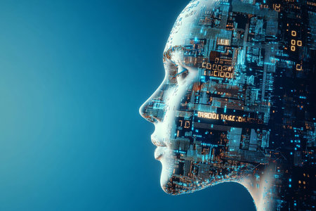 Futuristic ai head design with circuit boards and binary code on blue background for tech banners
