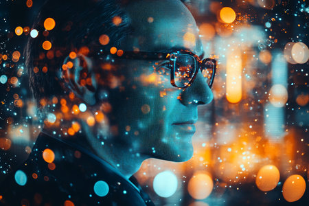 Double exposure portrait of a middle aged man merging with data science and futuristic elements