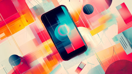 Dynamic vector illustration of an abstract smartphone with geometric shapes in vibrant colorsの写真素材