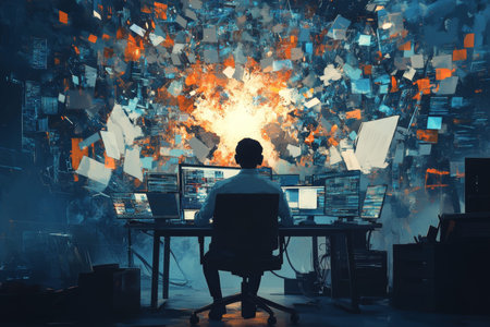 A man working amidst digital chaos abstract tech elements forming a global map in futuristic art