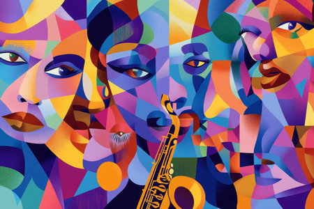 Vibrant abstract art featuring joyful african american faces and a saxophonist in cubist styleの写真素材