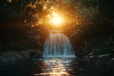 Enchanting jungle waterfall at sunset with glowing light and reflective waters in fantasy landscape