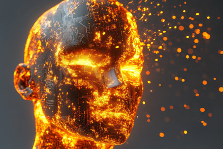 Illuminated orange cybernetic head a digital transformation concept with sparks on gray backgroundの写真素材