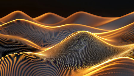 Luxurious golden and yellow satin waves with glowing effects for elegant wallpaper designの写真素材
