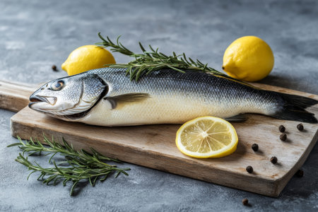 Fresh sea bass with lemon and rosemary on wooden board minimalist cooking inspiration image