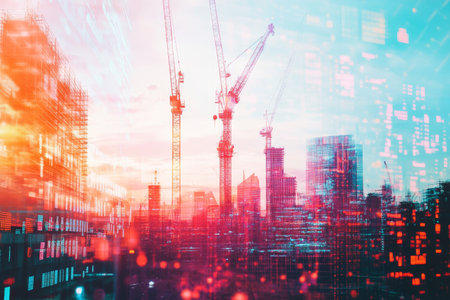 Double exposure of digital identity with construction site and holographic cityscape in pastelsの写真素材