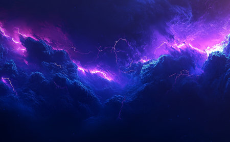 Dramatic lightning strike against dark blue backdrop with striking purple bolts in the skyの写真素材