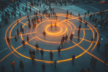Crowd at an intersection illuminated by an orange laser with holographic connections among people.