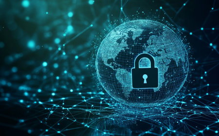Illustration of a padlock and globe symbolizing technology security on a digital network backgroundの写真素材