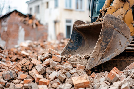 Bulldozer bucket dismantling old house amidst pile of bricks in residential construction scene
