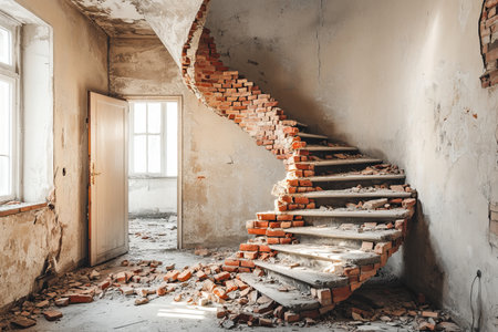 Desolate interior featuring ruined spiral staircase, broken door, and sunlit beige wallsの写真素材