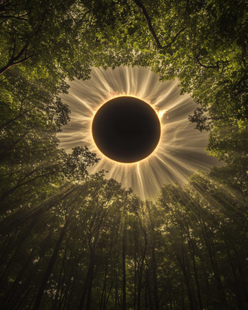 Stunning total solar eclipse over smoky mountain national park with trees framing the spectacle