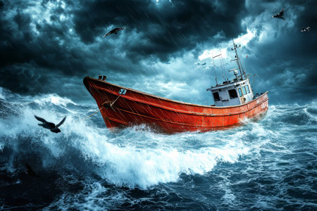A photorealistic image of a fishing boat fighting stormy seas in dramatic weather conditionsの写真素材