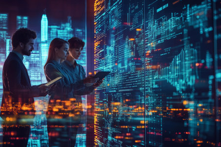 Diverse professionals collaborate in a digital data center with holographic displays and tech tools
