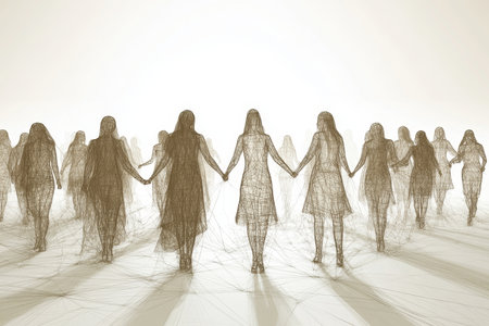 3d illustration of women linked by threads holding hands in a wireframe design with sepia tonesの写真素材